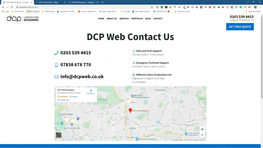 DCP contact page with Google Map embedded