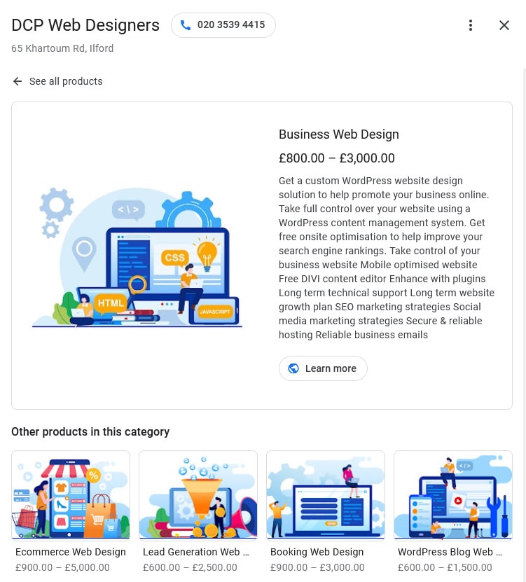 Example Google My Business Product or Service Search Results