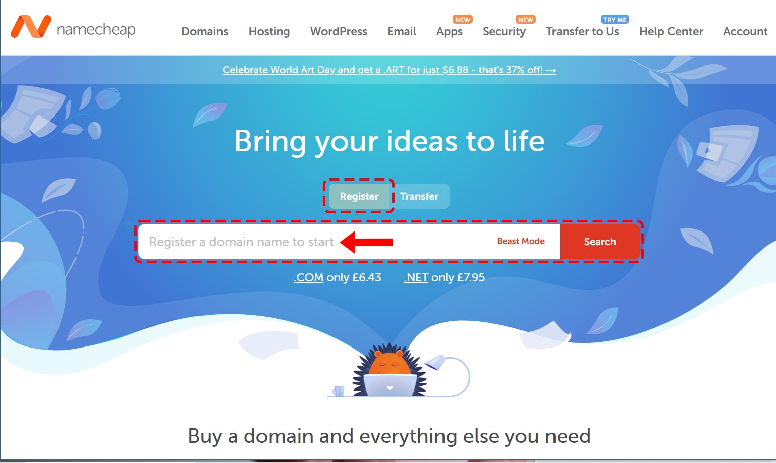 Namecheap home page domain registration search
