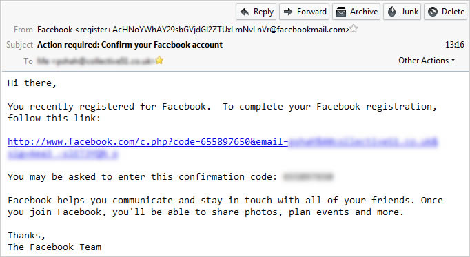 facebook sign up confirm email address link