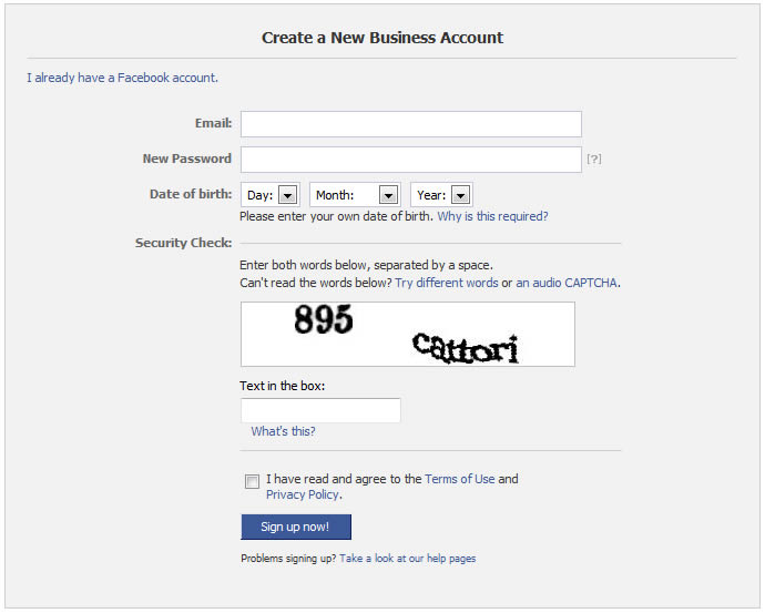 facebook sign up create business account fields