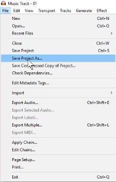 audacity file save project as